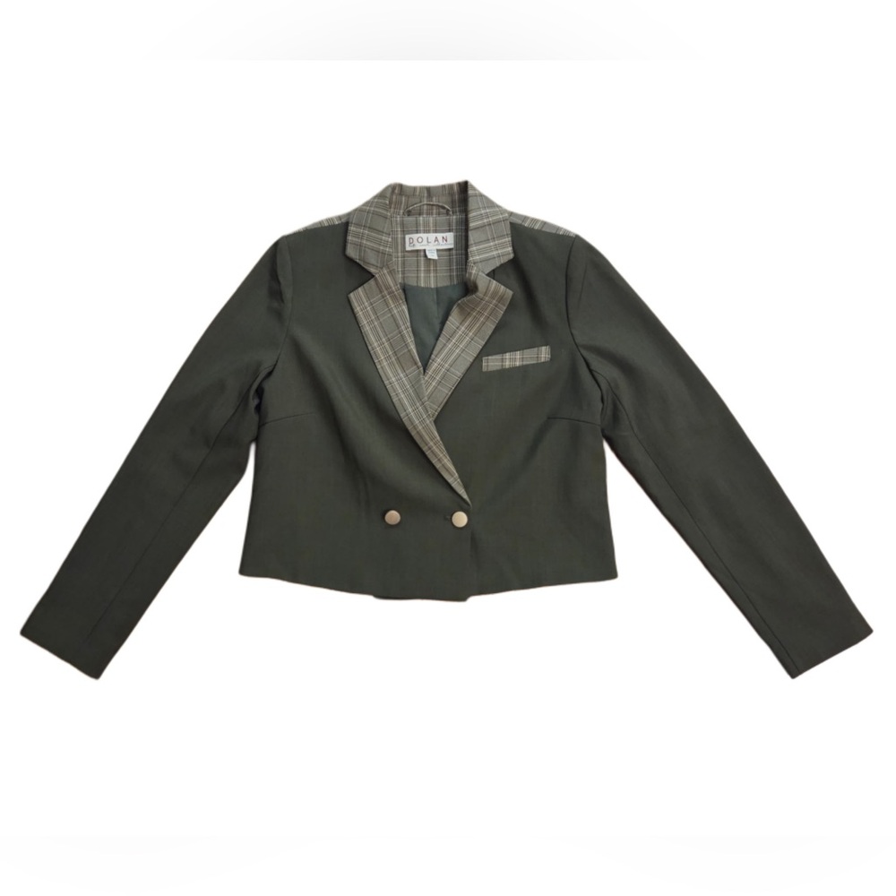 Dolan Plaid Contrast Lapel Women Olive Green Waist Length Double Breasted Blazer